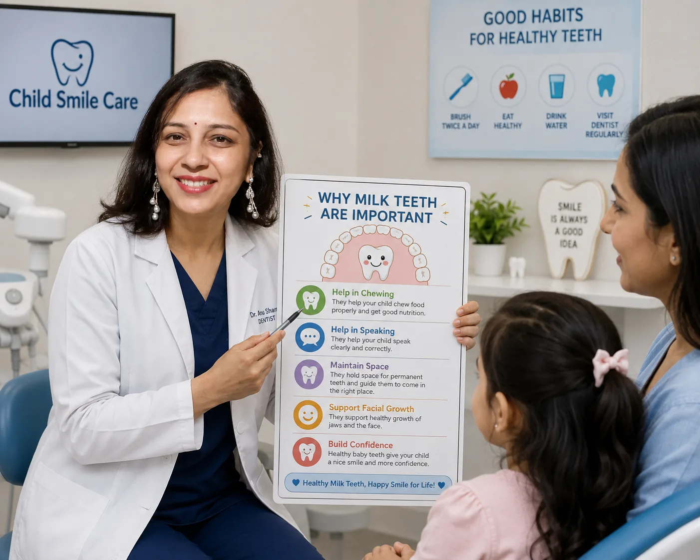 Pediatric dentist at Child Smile Care in Nashik explaining the importance of milk teeth to a child and parent using an educational dental chart during a consultation.